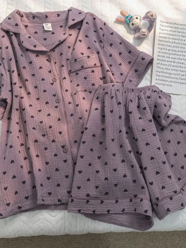 

Повседневный корейский женский спортивный костюм с сердечками, фиолетовый, для дома, весна-осень, комплект из двух предметов, полиэстер