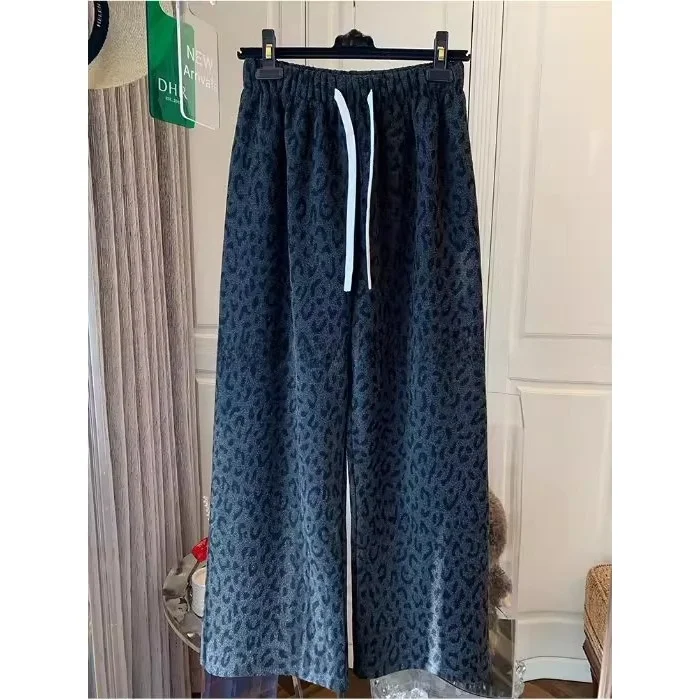 Men's High Waist Fce Lined Straight Leg Pants Large Size 300 Pou Retro American Leopard Print Casual Wide Leg Trousers