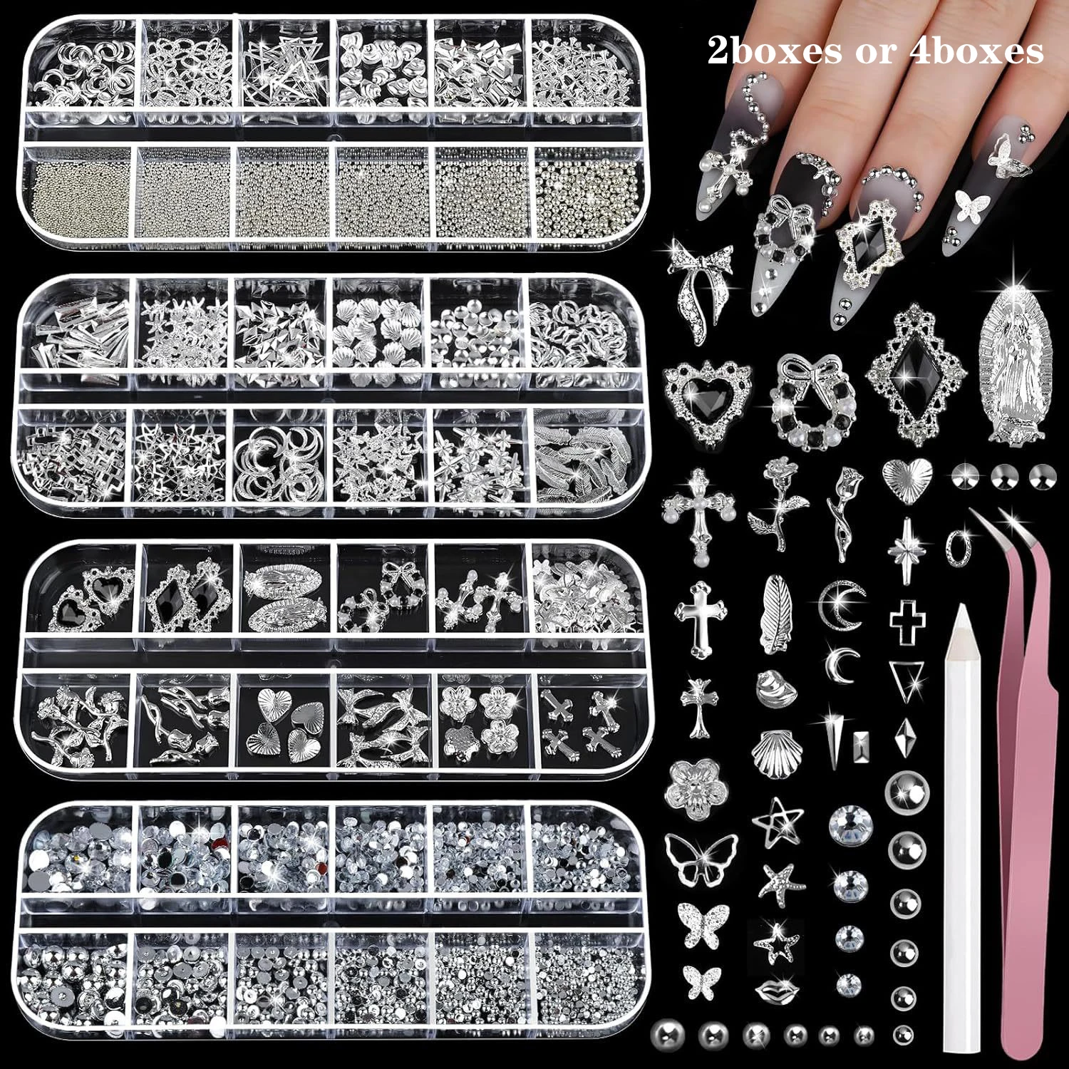 4 Box Nail Rhinestones Set, Silver Color Nail Jewelry, 3D Cross Heart Flat Backs, DIY Nail Art Accessories, Resin & Metal Charms