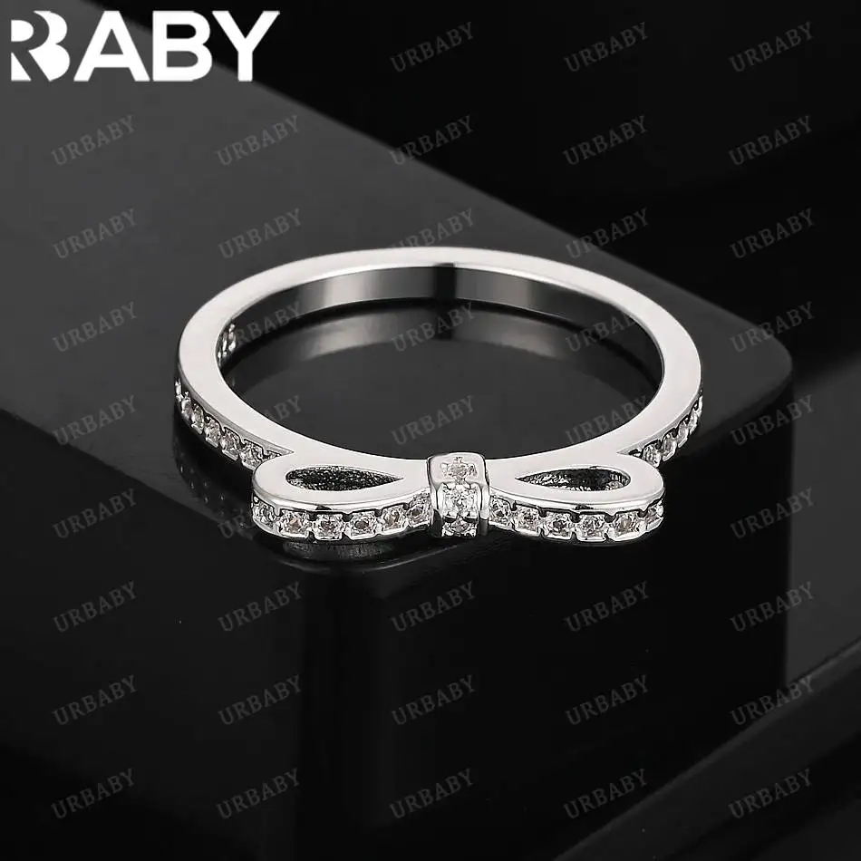 

URBABY стерлингового серебра 925 пробы с цирконием и бантом, тонкое кольцо для женщин, модные ювелирные изделия, очаровательные свадебные аксессуары для помолвки