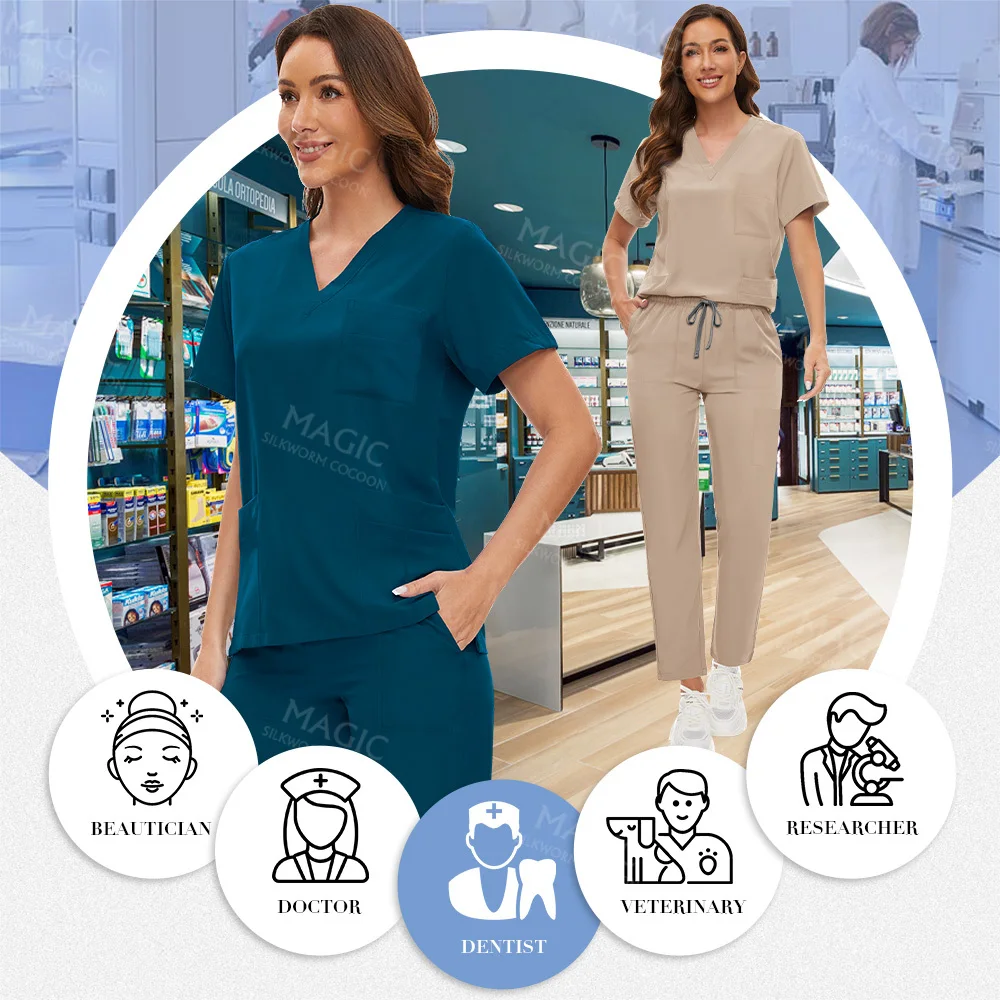 Streç fırçalayın Set tıbbi üniforma sağlık hizmeti fırçalayın cep pantolon ile güzellik salonu tulum cerrahi doktor Tops hemşire üniforması