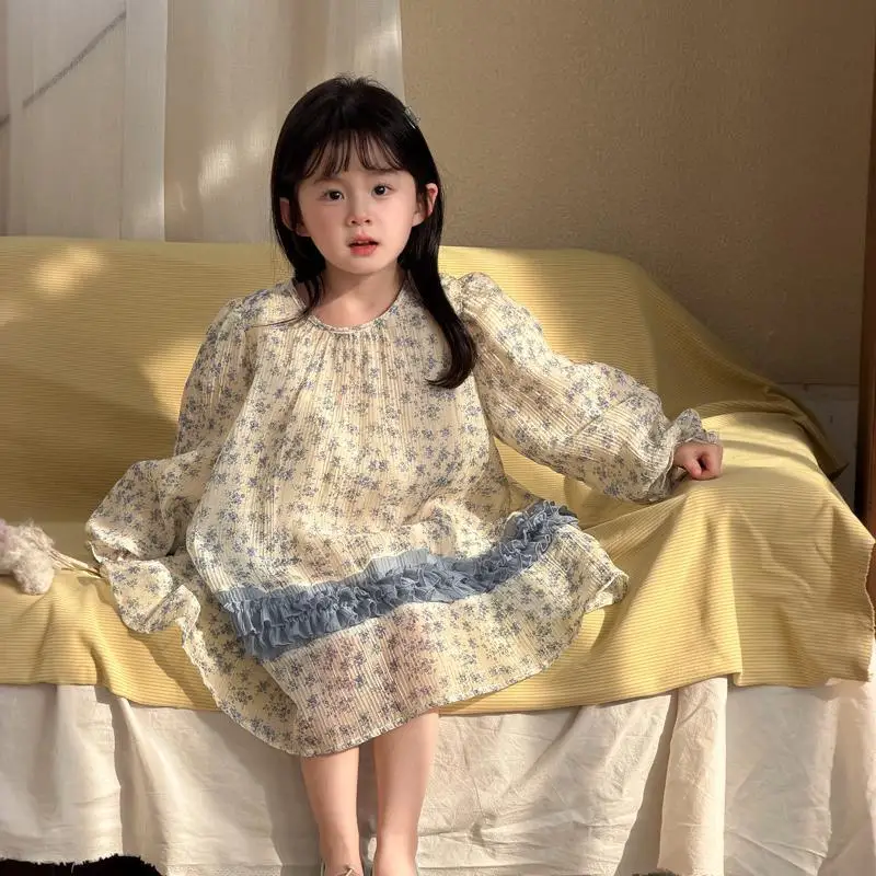 

2026 Spring New Girls Long Sleeve Floral Dress Cotton Children Loose Dress Baby Girl Sweet Lace Princess Dress Kids Clothes