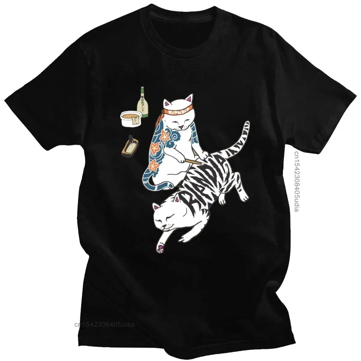 2024 New Men Japanese The Middle Finger Cats T-Shirt Harajuku Tshirt Casual Short Sleeve Rip Tops Tee Dip Summer