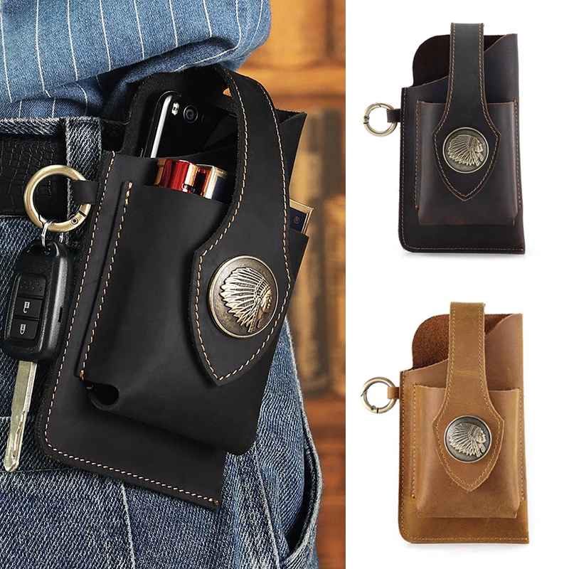 Fanny Waist Bag Men Genuine Leather Belt Bag Simple Leg Hip Packs for Men Cell Phone Cigarette Lighter Box Case Outdoor Pouch