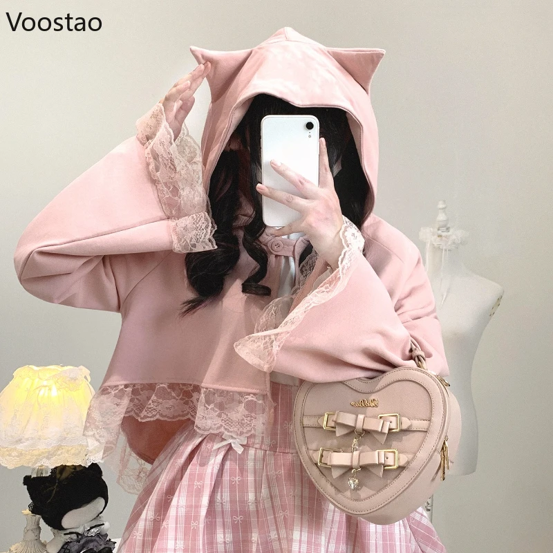 

Японский кавайный стиль Лолиты, кошачьи уши, плащ с капюшоном, пальто, женские милые Y2k, кружевная лоскутная куртка для девочек, милые свободные накидки