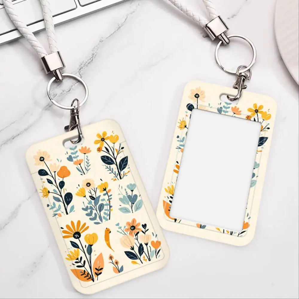 Dual Sided Floral & Bird ID Card Holder Plastic 2 Card Case Beige White Frame For Doctor Nurse Student Office Bank Access Card