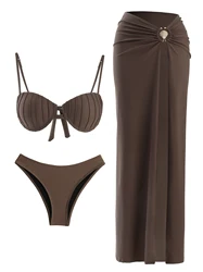 New Stylish Bikini 3 Piece Sexy Shell Swimsuit and O Ring Long Skirt Brazilian Biquini High Split Beachwear Vacation Outfit K131