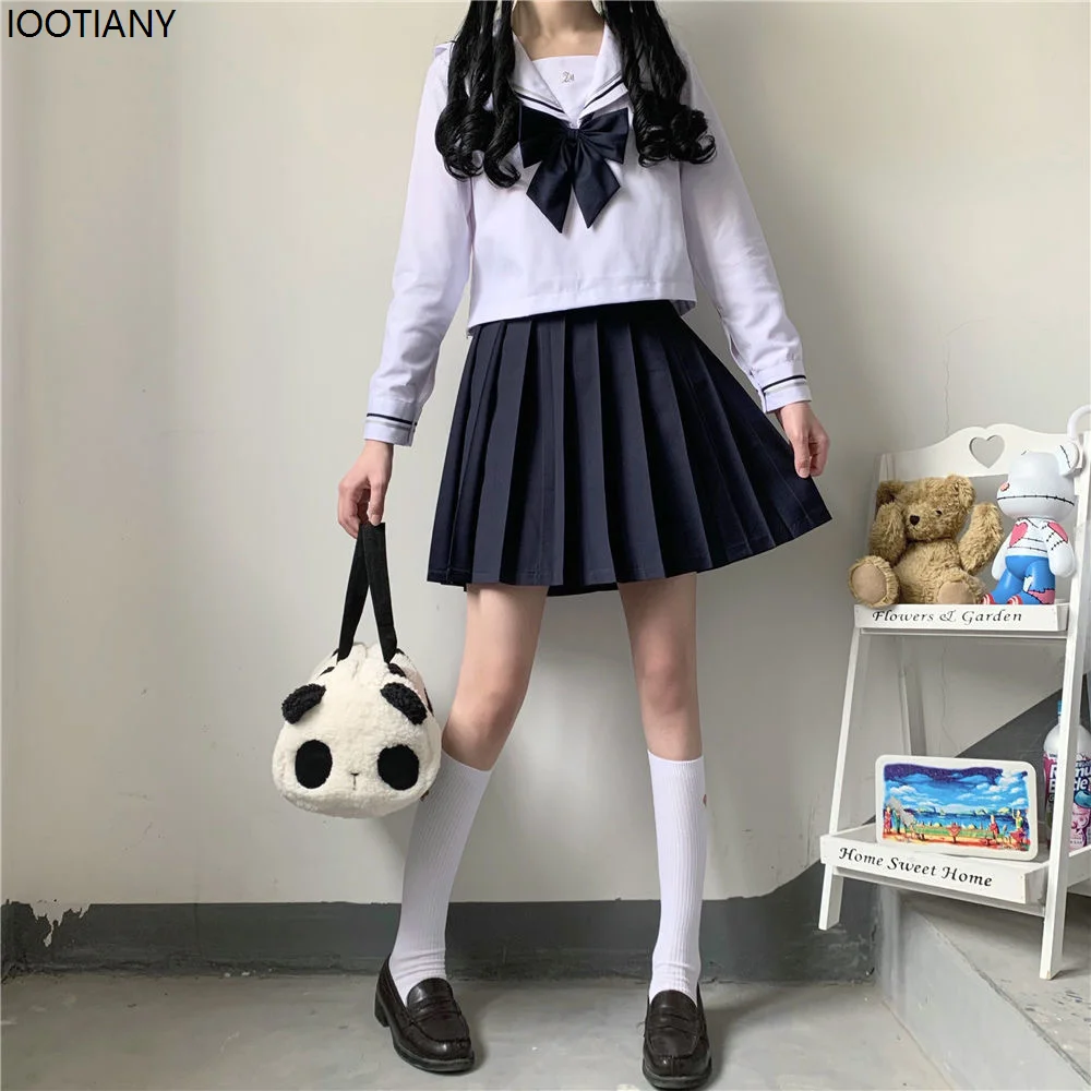 Japanese Female Student Jk Skirt Suit White Basic Style College Style Sailor Suit Bow Pleated Skirt High School Student Uniform