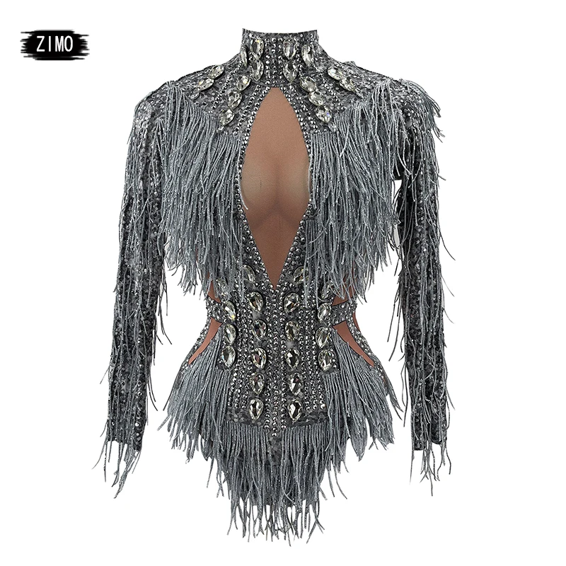 Sparkly Rhinestone silver Fringes Bodysuit Dance drag queen Costume Big Crystals Bodysuit Tassel DJ DS club birthday Party Stage