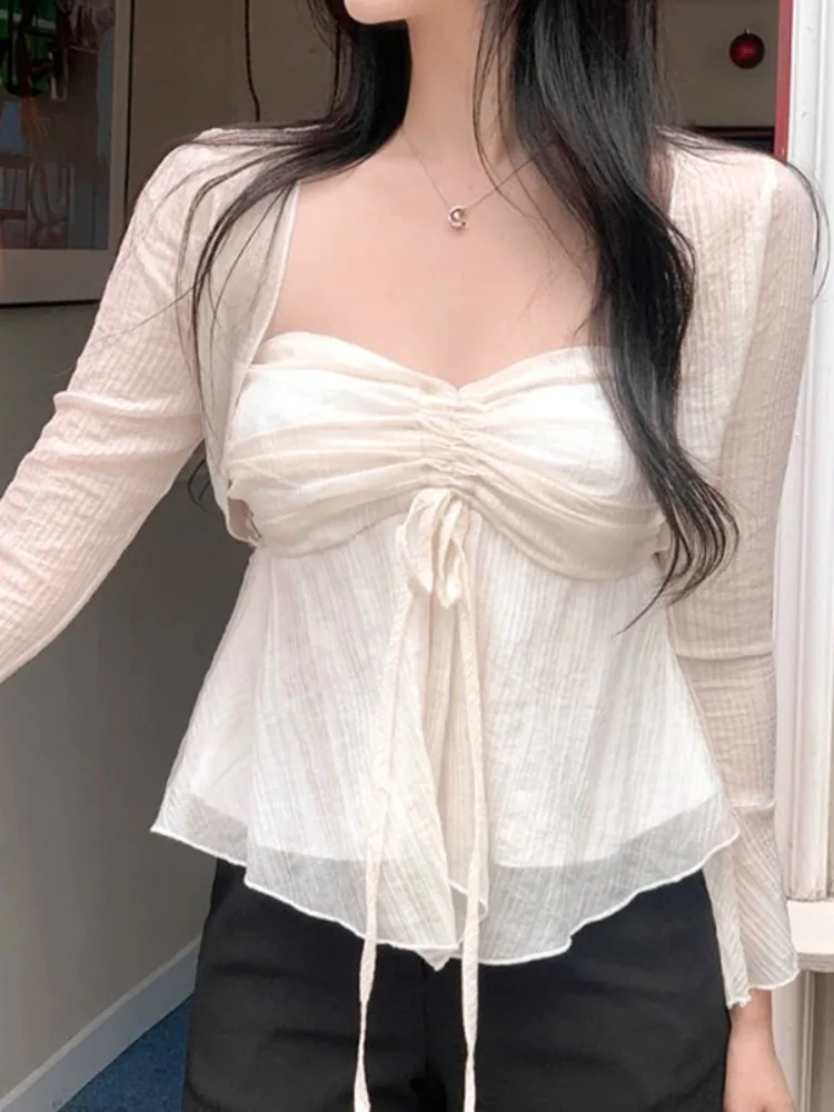 Korejepo New Chiffon Top Suits 2024 Summer Super Fairy Sexy One Shoulder Bra Top Long Sleeve Cardigan Set Beautiful Clothes