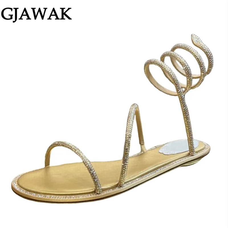 Summer Gladiator Sandals Woman Rhinestone Snake Twine Around Ankle Strap Wedding Party Shoes Women Flat Sandals Women Sandalias