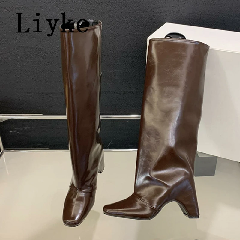 

Liyke, новые зимние модные крутые сапоги до колена, женские элегантные повседневные женские туфли-лодочки с квадратным носком на низком толстом каблуке, длинные ботильоны