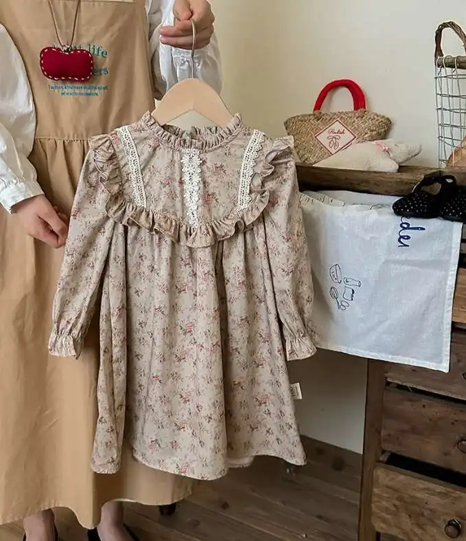 

2025 Baby Girls Printed Long Sleeve Ruffles Dress, Princess Kids Sweet Fashion Dress 2-7T