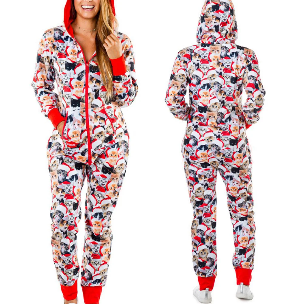 Anime Women's & Men's Hooded Jumpsuits Zipper Printed Christmas Cosplay Onesies One-Piece Pajamas for Adult Girl Loungewear