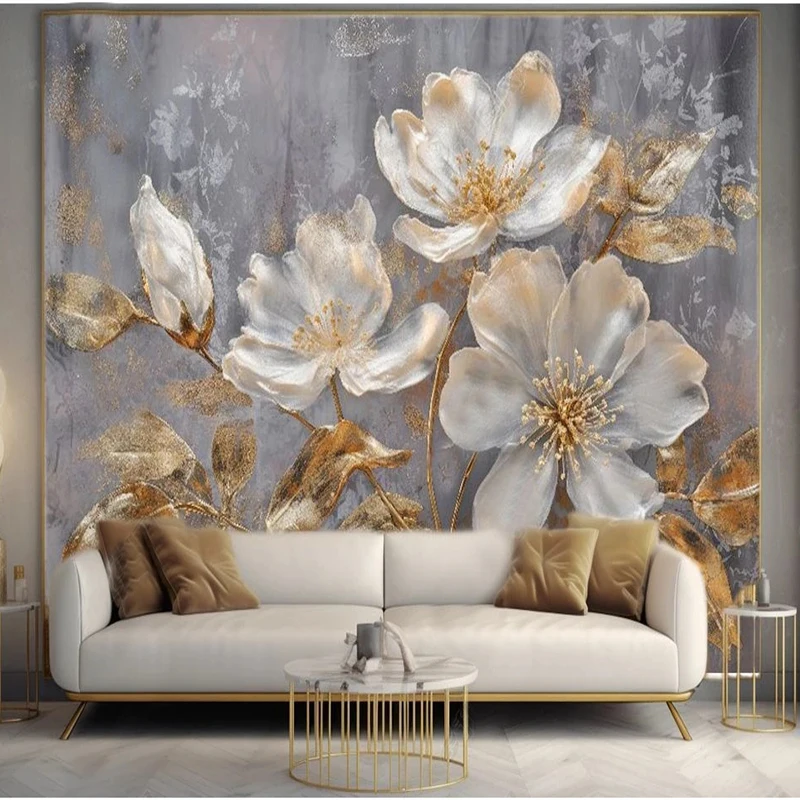 Custom Mural Wallpaper Modern Light Luxury 3D Gold Flowers Living Room Bedroom TV Background Wall Fresco 3D Papel De Parede Sala