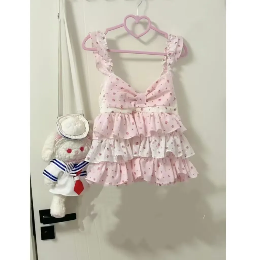 فستان نسائي صيفي عتيق ضيق كاواي هالتر فستان صيفي ياباني مطبوع عليه فراولة فستان هاراجوكو Y2k فساتين كعكة حلوة