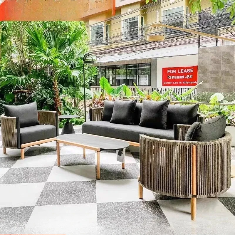 Outdoor Furniture On Sale - Outdoor-Rattan-Sofa-Set Garten-Terrassenmöbel Villa-Innenhof-Balkon-Sitzgruppe Korrosionsbeständige Massivholz-Rattanstühle Wetterfest