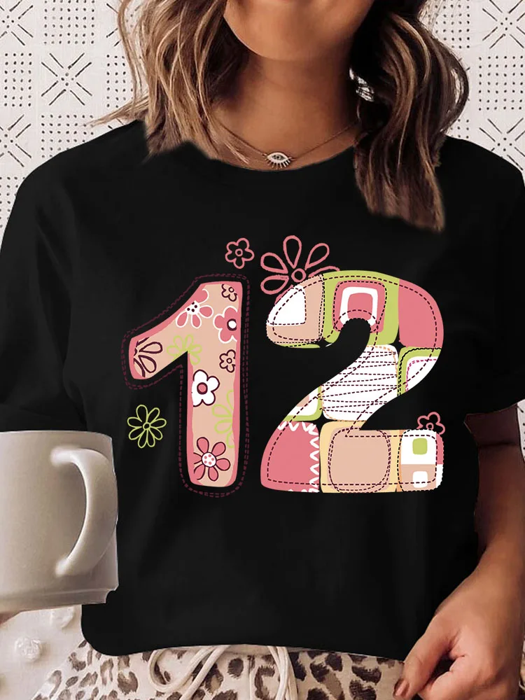 

Flowers number 12 T Shirt women Cute print O-neck Black tee shirt femme summer Tops white t-shirt streetwear Ladies T-shirt 2022