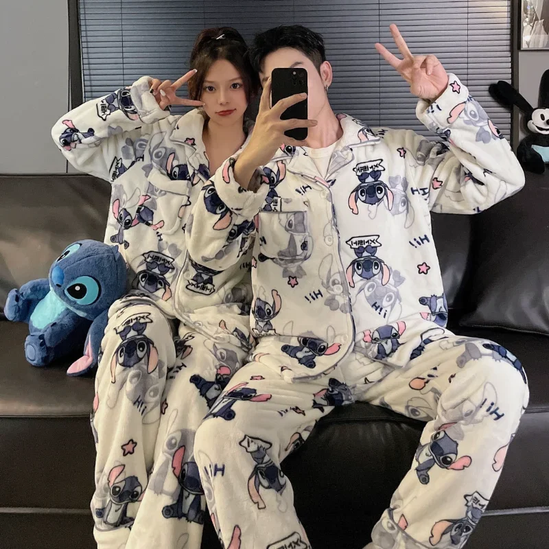 Cartoon Disney couple pajamas winter coral fleece new warm men\'s/women\'s two-piece suit loungewear Stitch women\'s pajamas