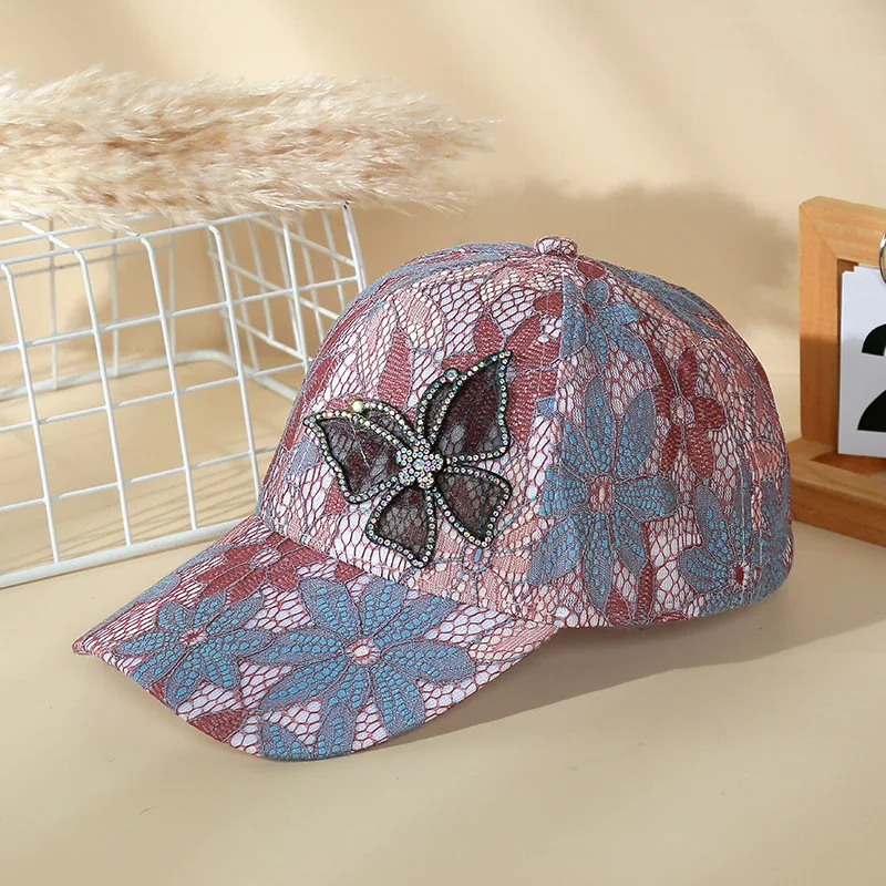 Spring and Summer Lace Rhinestone Butterfly Cap Sunshade Sunscreen Baseball Cap Women Net Yarn Breathable