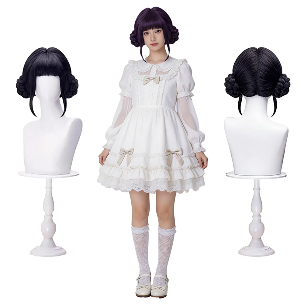 

Zoey Cosplay Wig Black Dark Purple Double Bun With Bangs Synthetic Hair For Women Role Play Halloween Party Free Wig Cap
