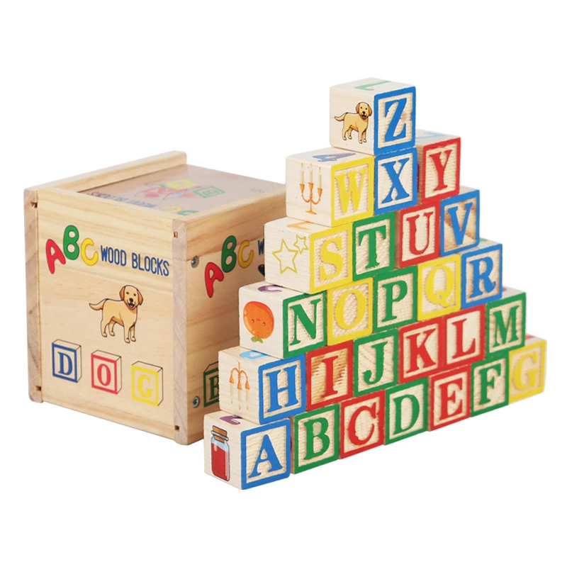 27Pcs Wooden Printed Block Toy English Letter Digital Cartoon Cognition Learning Early Educational Toys Gifts For Children Kids