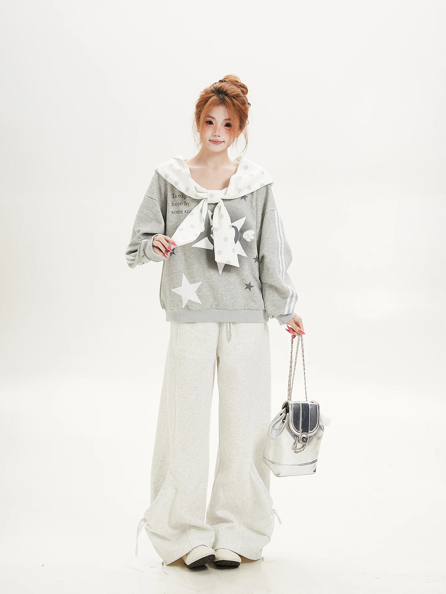 Cute Polka Dot Navy Collar Hoodie Women's Loose Design Y2K Ant Patterned Long Sleeve Thermal Outerwear Autumn Fashion