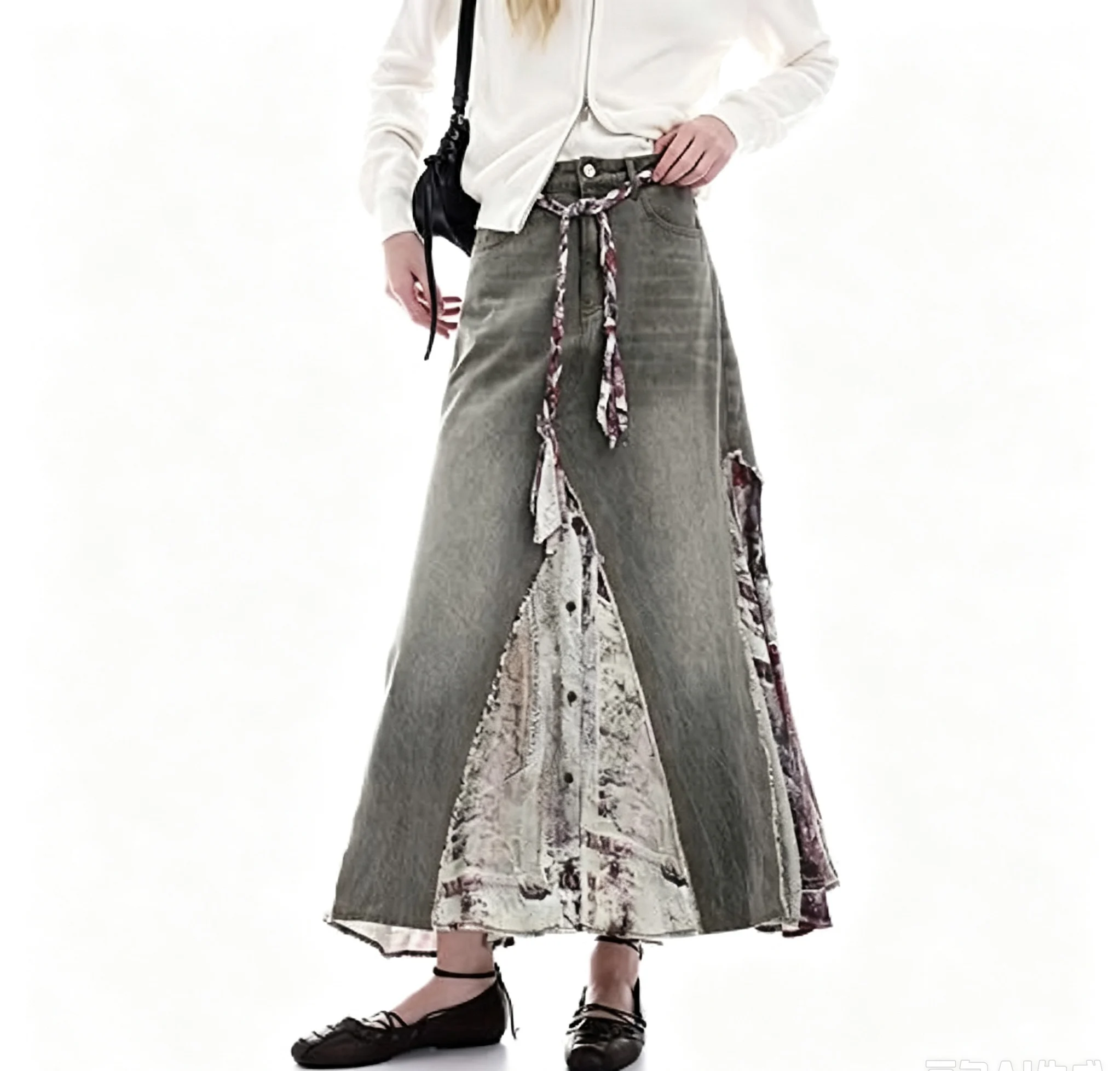 Europe, America, Spain Original Single Women's Half length Skirt Cowboy Splicing Printed Insert Piece Long Skirt New Product