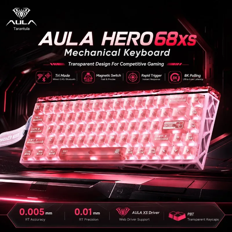 New AULA HERO68xs Mechanical Gaming Keyboard Tri Mode Wireless Magnetic Switch 8K Polling Transparent ARGB Custom Esports for PC
