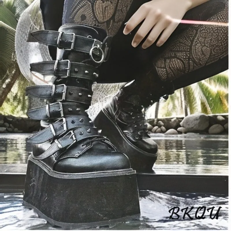 

BKQU Platform Boots Punk Style New Buckle Studded Platform Mid-calf Boots for Women 2024 Fall American Knight Boots