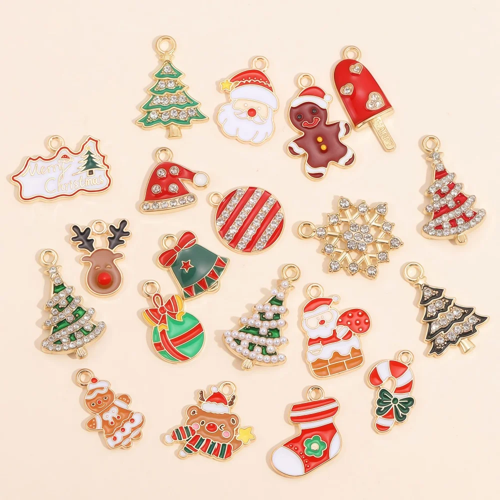 10Pcs Mix Enamel Christmas Charms Fashion Snowflake Christmas Tree Colorful Pendants for DIY Jewelry Earrings Necklace Xmas Deco