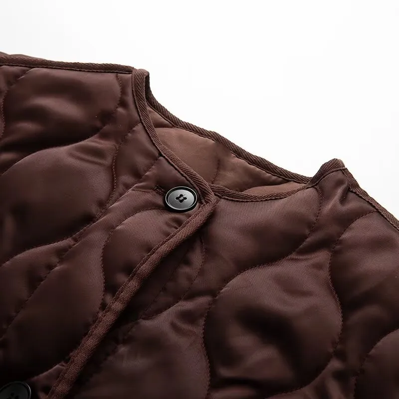 Casual Vintage Parkas Coat Women 2025 Autumn New Fashion Solid Large Pocket Round Neck Long Sleeve Loose Jacket Office Coats﻿﻿