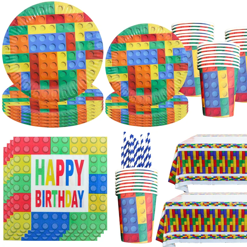 Building Blocks Birthday Party Child Decoration Foil Balloon Disposable Tableware Hat Cups Plates Baby Shower Toy Gift Supplies