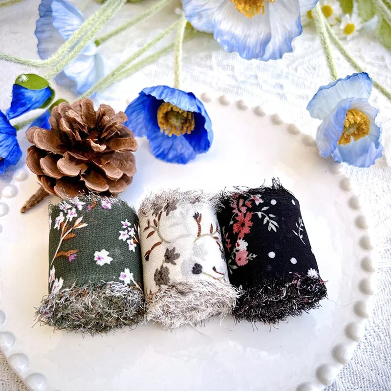 Printed Hand Torn Raw Edge Ribbons Rural Wind And Snow Spun Ribbons Small Fresh Flower Bouquet Ties Broken Flower Tassel Ribbons