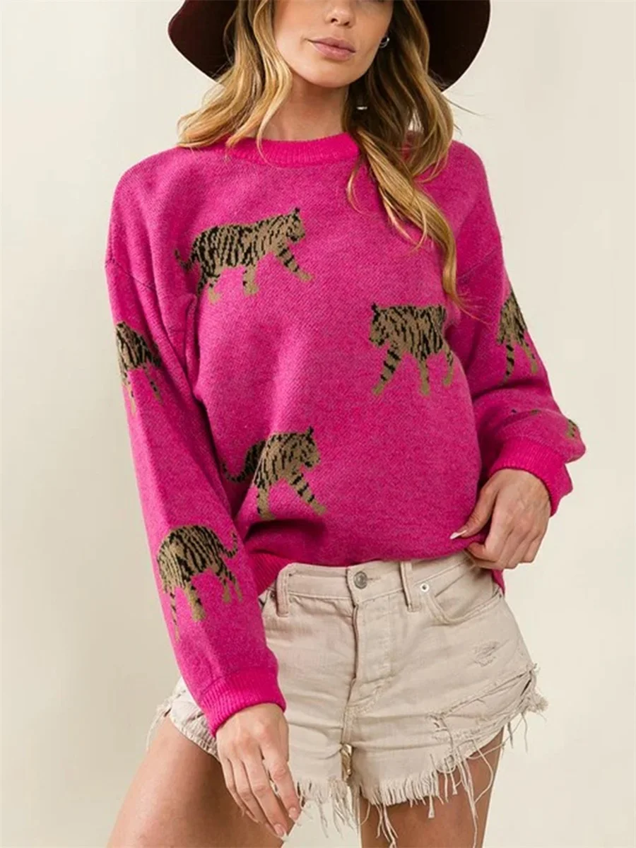 Cozy Women s Sweater with Stylish Leopard Print Design Long Sleeves and Soft Knit Fabric for Autumn Fashion Statement