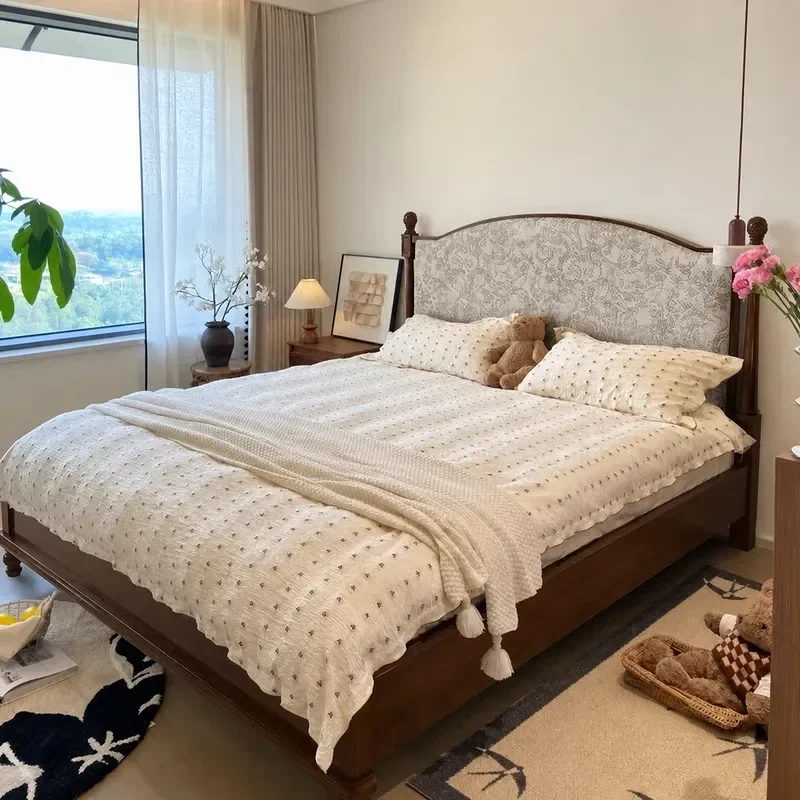 American Medieval Style Solid Wood Bed Modern Simple French Retro Double Home Master Bedroom Soft Bag Wave Jacquard Bed