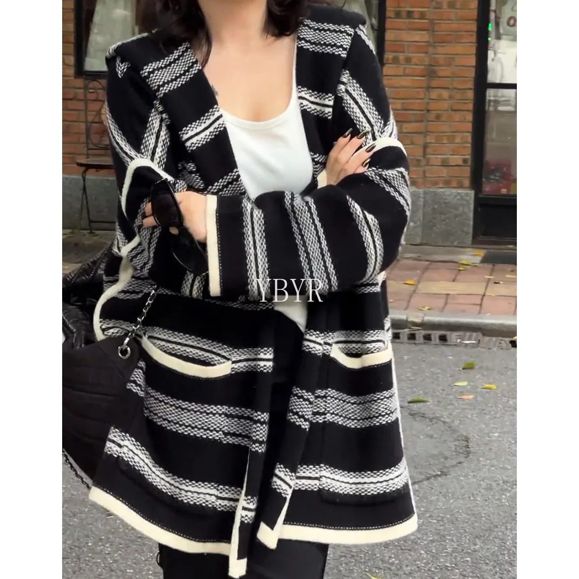 Female Comfortable Striped Long Sleeve Cardigan Women Autumn Winter New Hooded Cozy Long Section Loose Oversized Knit Sweaters