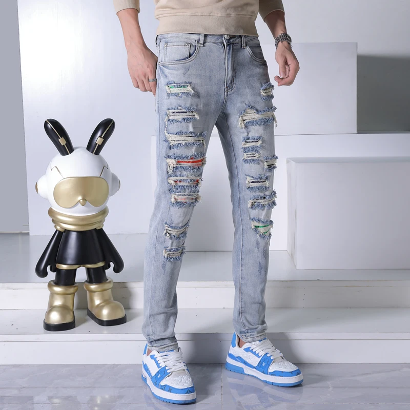 Pantalones vaqueros de diseño para hombre, Jeans con parche rasgado, elásticos, ajustados, informales, para motocicleta, 2024