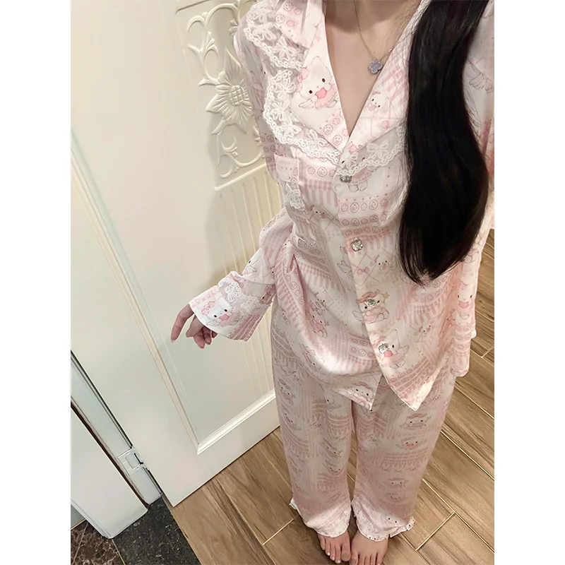 かわいい猫プリント長袖パジャマセット女性の怠惰なスタイルのホーム服快適なアイスシルク素材夏のカジュアル衣装 1