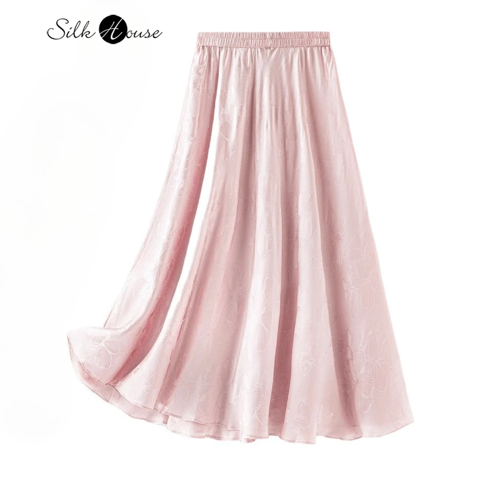 

Women's Summer New Breathable 100% Natural Mulberry Silk Full Luo Elastic Waist Loose Versatile Diagonal Cut Large Swing Skirt