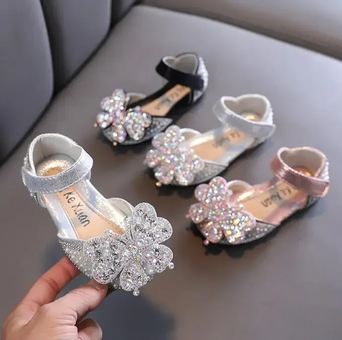 Kids Sandals Children New Summer Rhinestone Bow Girls Party Dance Shoes Soft Bottom Non-Slip Baby Shiny Princess Shoes