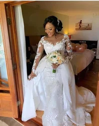 Customized African Wedding Dresses Lace Long Sleeve Round Mermaid Bridal Detachable Overskirt Neck Custom Made