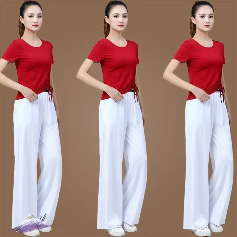 

Spring Summer Square Dance Ensemble ort Sve Modal Cotton Wide Leg Pants Fitn Aerobics Dancewear Women's Ethnic Costume