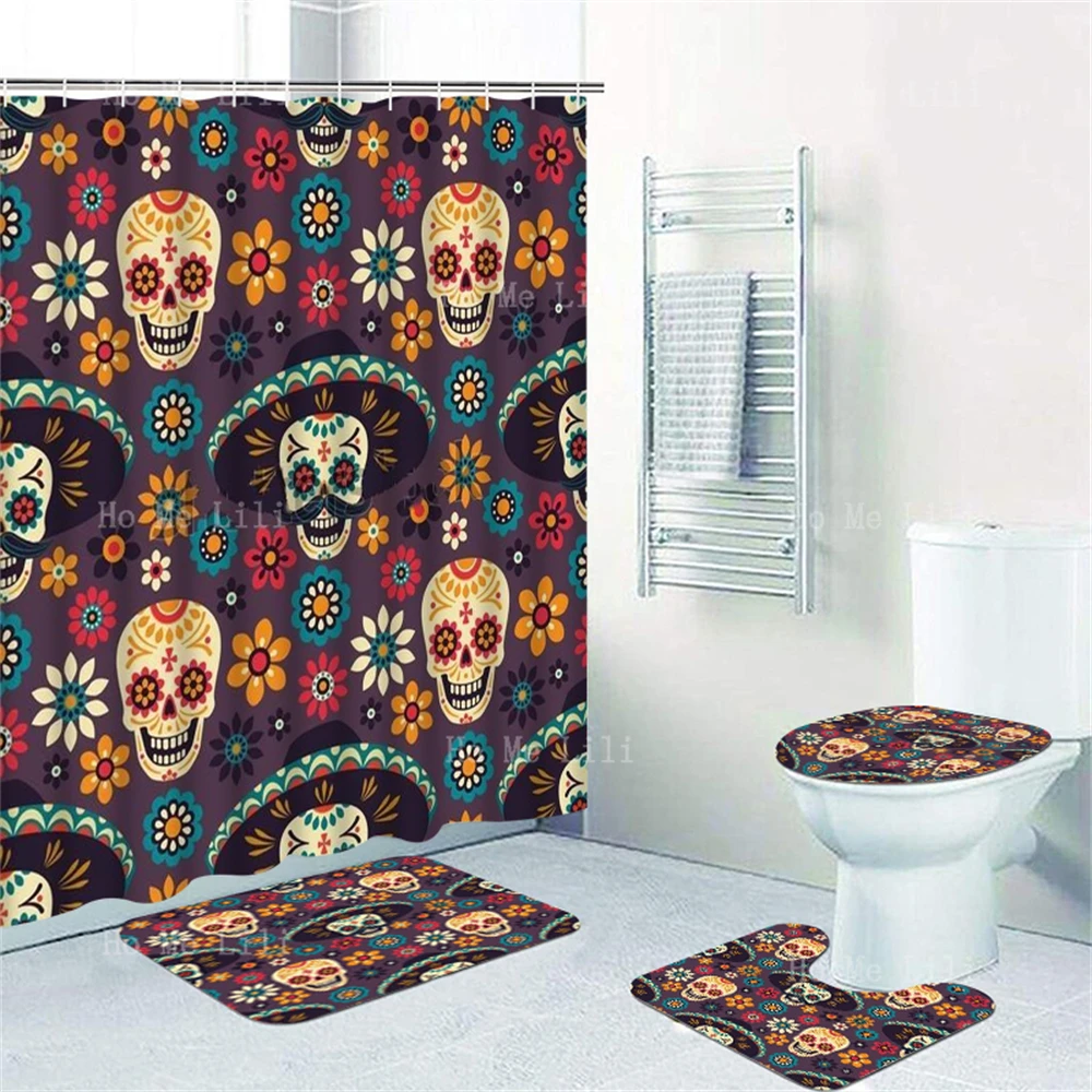 Day Of The Dead Sugar Skull Flower Mexican Art Shower Curtain Sets With Rugs