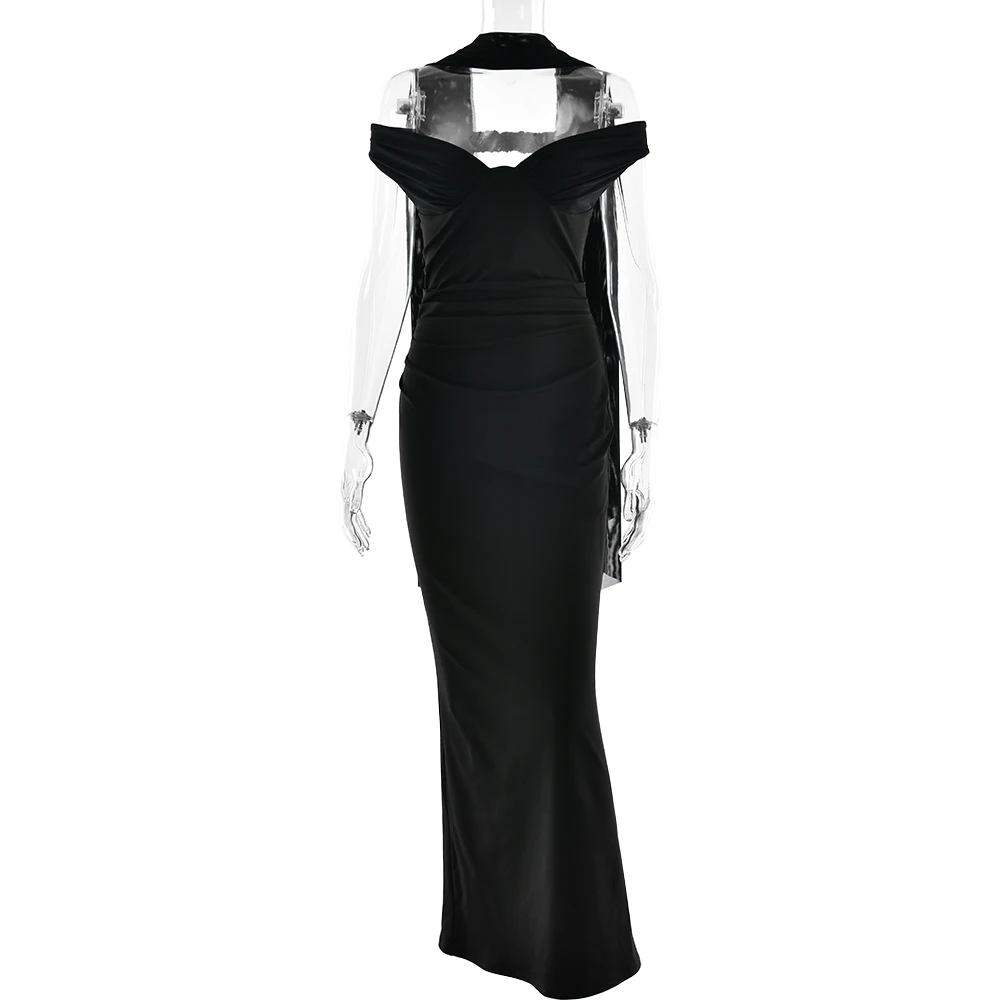 Apprabant Abito lungo da donna con scollo a V sexy con spalle scoperte Sciarpa in rete Nastro senza schienale Cut-Out Slim aderente Abito diviso Partywear