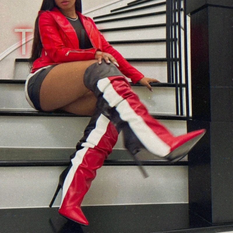 

Women Colorblock Thigh High Boots Female Stiletto High Heel Long Boots Multicolor Party Dance NightClub Dress Shoes Botas Mujer