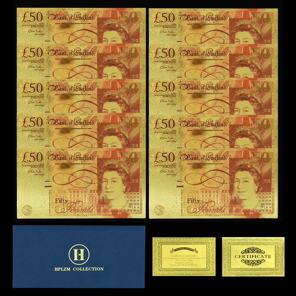 10pcs 2011 Years 50 Pounds Gold Banknotes Replica Euro Money The Queen of England and James Watt Notes Home Decoration