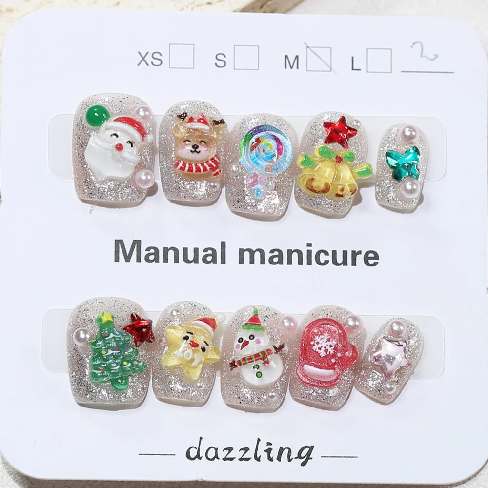 

10 шт., милые короткие накладные ногти ручной работы, снеговик, лось, рождественская елка, накладные ногти, Санта-Клаус, мультяшный маникюрный патч, носимый дизайн ногтей
