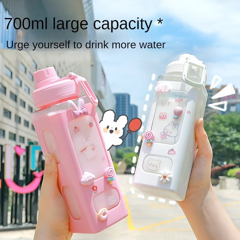 1~5PCS 700ml Cute Water Bottle for with Lid Straw Sticker Plastic Juice Milk Portable Kawaii Tumbler Children's Drinkware