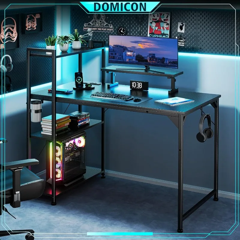 Computer Desk with LED Light, 42-55 Inch Gaming Desk with Reversible Storage Shelves, for Home Office,  Black Carbon Fiber (42)